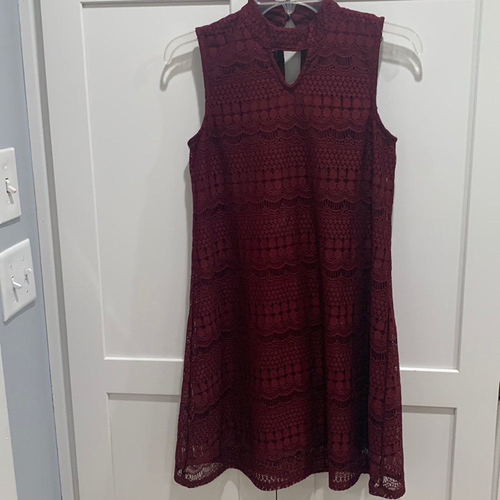 Cute Plum Color Sleeveless Lace Overlay Mini Dress